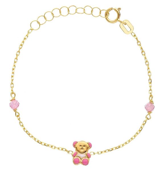 Immagine di Bracciale Orso oro giallo 18k smalto e pietre rosa | 16 cm 
