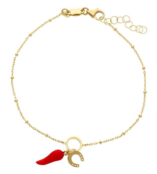 Immagine di Bracciale Cornetto della Fortuna oro giallo 18k smalto rosso | 16+2 cm 