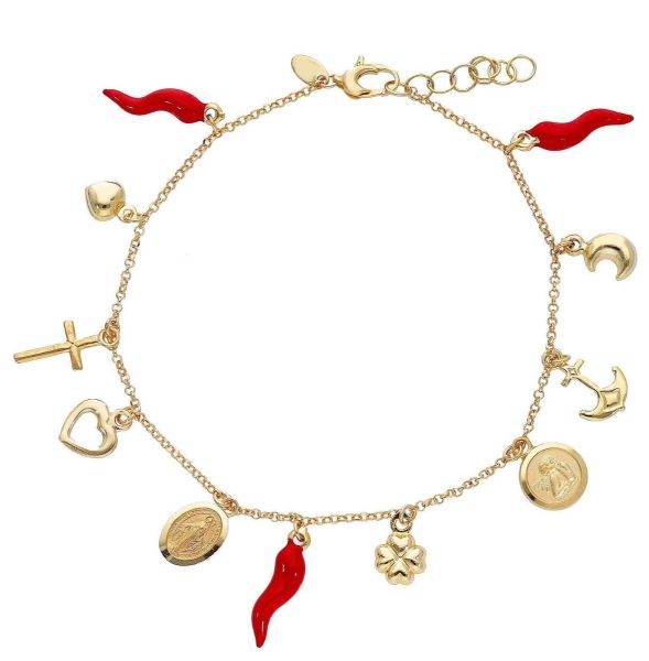 Picture of Enamels Hearts Moon Mirculous Horns Angel Anchor & Cloverleaf Bracelet | 18k gold | 17 cm