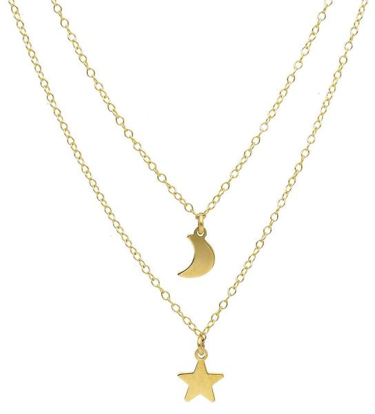 Picture of Moon & Star Double strstrand Necklace | 9k gold | 42+3 cm