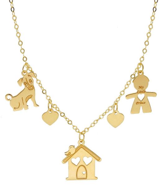 Imagen de Collar Casa Niño Perro Corazones oro amarillo 18k | 45 cm 