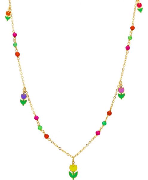 Immagine di Girocollo Tulipani oro giallo 18k pietre e smalto | 40+2 cm