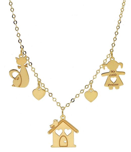 Imagen de Collar de Nacimiento Casa Niña Gato Corazones oro 18k | 45 cm 