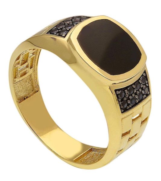 Imagen de Anillo Chevalier para hombre oro amarillo 18k, circones negros y ónix