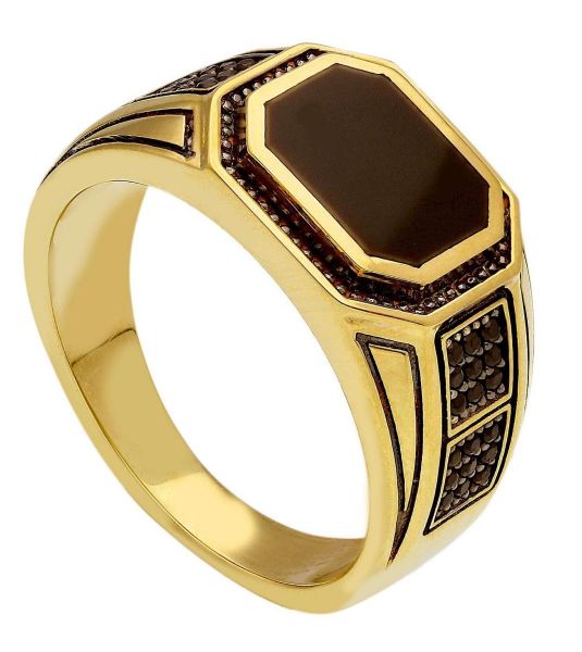 Imagen de Anillo Chevalier para hombre oro amarillo 18k, circones negros y ónix