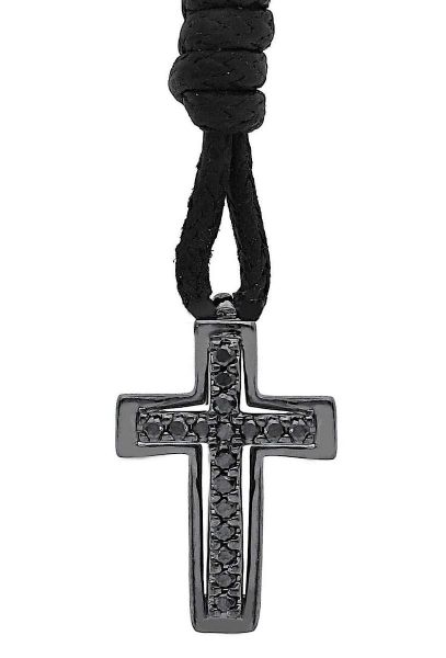Imagen de Cruz de diamantes black oro negro 18k y cordón para hombre