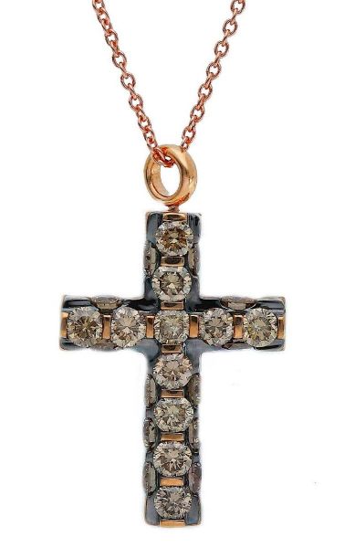 Imagen de Collar Cruz de diamantes brown oro rosa / bruñido 18k | 42 cm