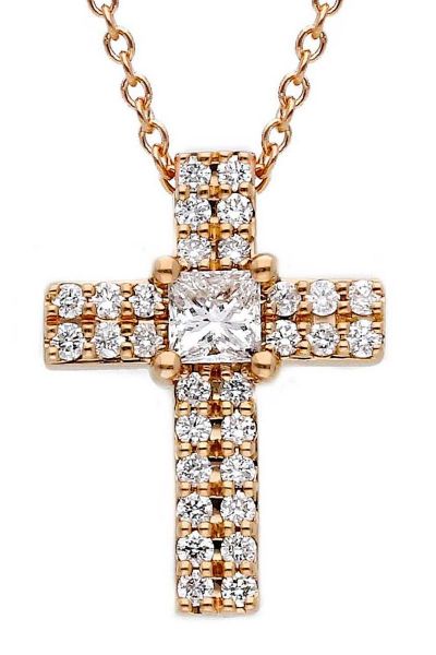 Immagine di Collana Croce di diamanti e brillanti oro rosa 18k | 42 cm