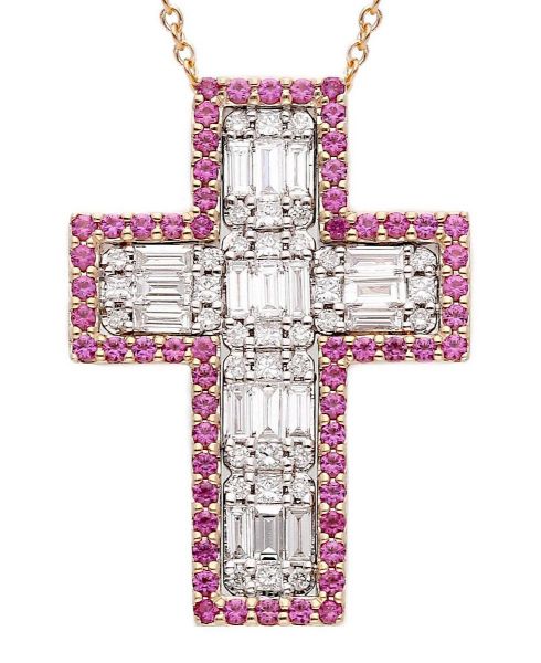 Picture of Baguette-cut diamond & sapphire Cross Necklace | 18k rose gold | 42 cm