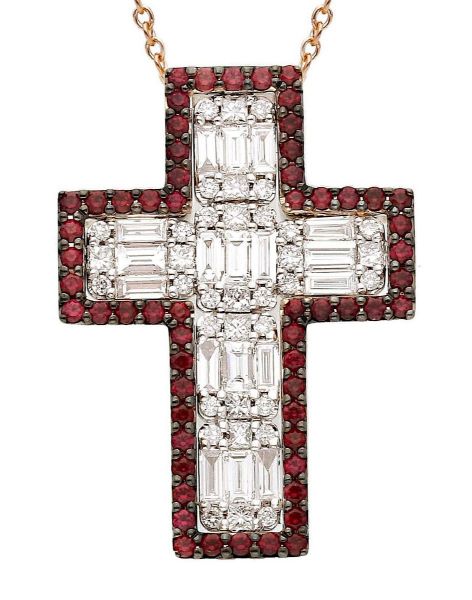 Immagine di Collana Croce rubini e brillanti Baguette oro rosa 18k | 42 cm