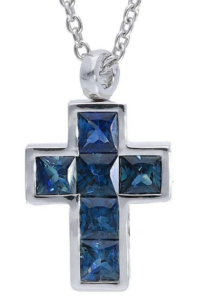 Immagine di Collana Croce di zaffiri blu oro bianco 18k | 42 cm