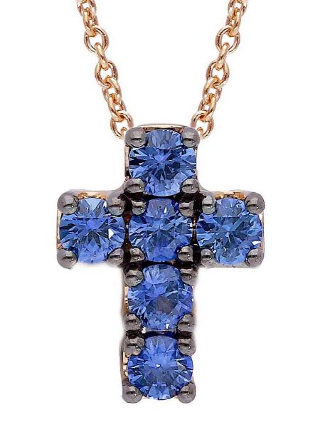 Immagine di Collana Croce di zaffiri blu oro rosa 18k | 42 cm