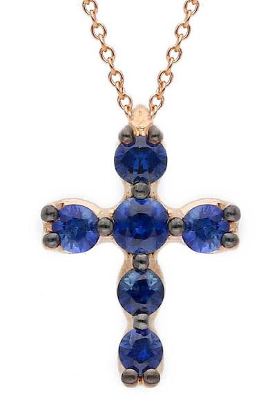 Immagine di Collana Croce di zaffiri blu oro rosa 18k | 42 cm