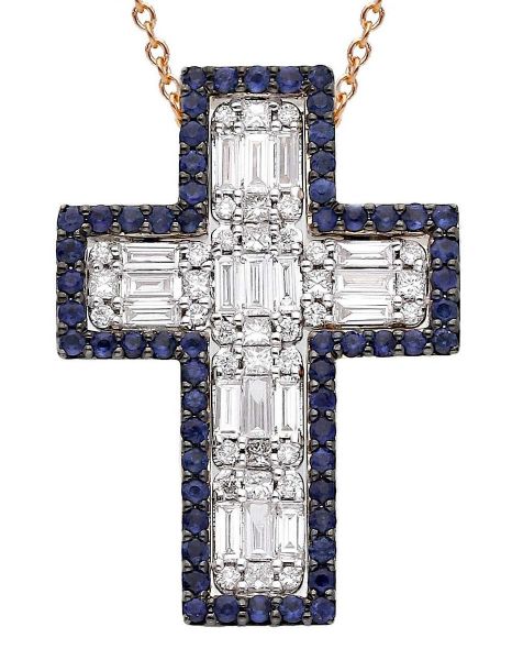 Picture of Baguette-cut diamond & sapphire Cross Necklace | 18k rose gold | 42 cm