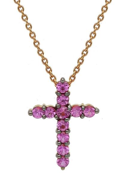 Immagine di Collana Croce di zaffiri rosa oro rosa 18k | 42 cm