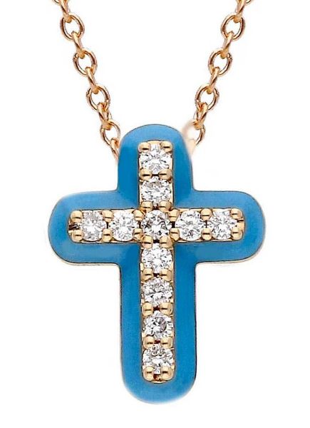 Immagine di Collana Croce smalto azzurro e brillanti oro rosa 18k | 42 cm