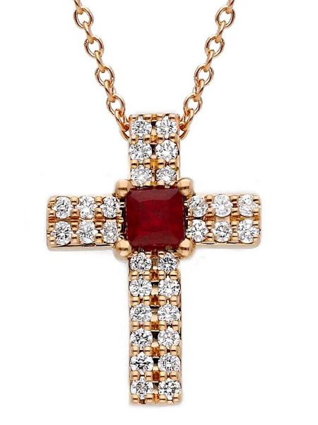 Picture of Princess-cut ruby & diamond Cross Necklace | 18k rose gold | 42 cm