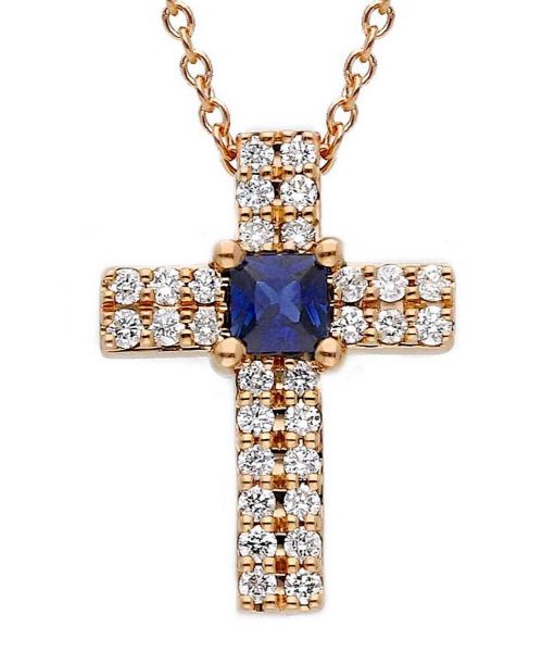 Immagine di Collana Croce zaffiri e brillanti oro rosa 18k | 42 cm