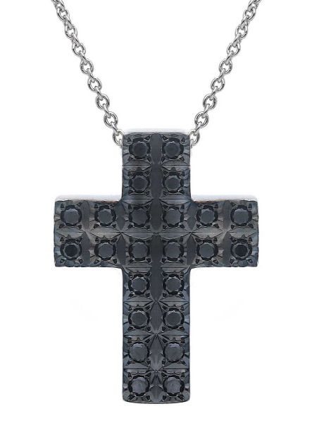 Immagine di Collana uomo Croce doppia di diamanti black oro nero 18k | 42 cm