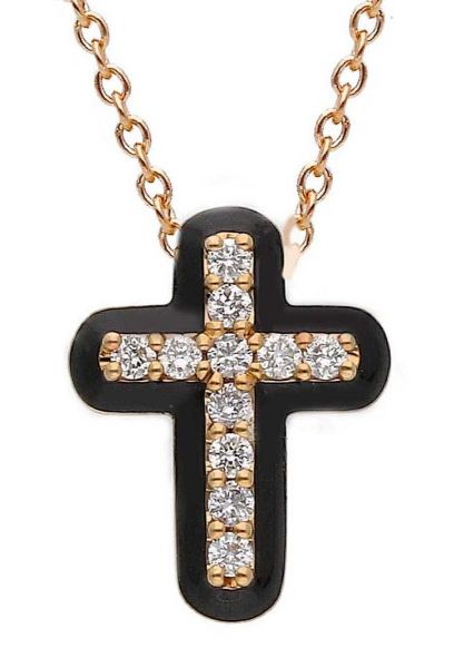 Immagine di Collana Croce smalto nero e brillanti oro rosa 18k | 42 cm