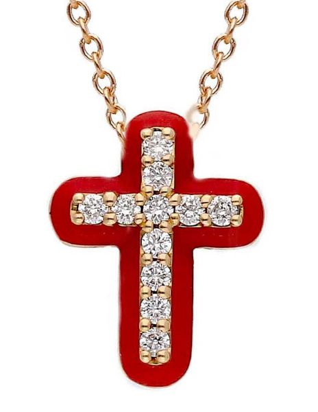 Immagine di Collana Croce smalto rosso e brillanti oro rosa 18k | 42 cm