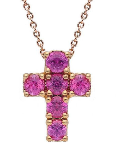 Imagen de Gargantilla Cruz de zafiros rosa oro rosa 18k | 39+3 cm