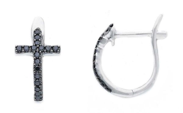 Picture of Black diamond Cross hoop Earring | 18k white gold