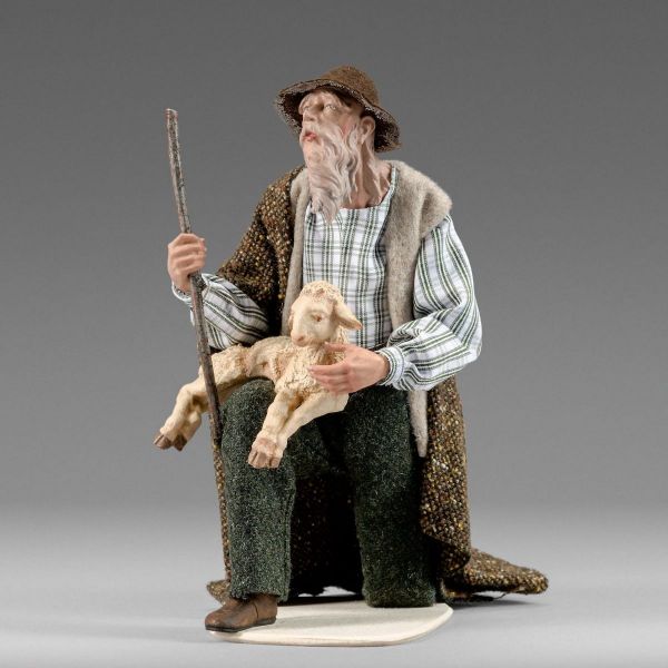 Immagine di Pastore inginocchiato con agnello Presepe Hannah Alpin 12 cm stile tirolese legno e stoffa