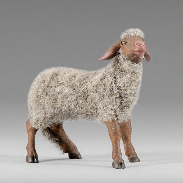 Immagine di Pecora con lana grigia Presepe Hannah Alpin 21 cm stile tirolese legno e stoffa