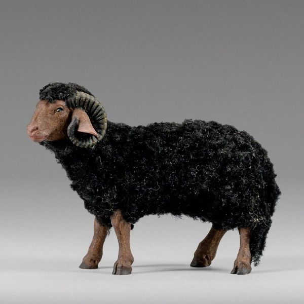 Immagine di Montone con lana nera Presepe Hannah Alpin 40 cm stile tirolese legno e stoffa
