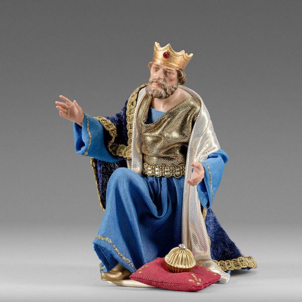 Immagine di Re Magio in ginocchio con corona Presepe Hannah Orient 20 cm stile orientale legno e tessuto