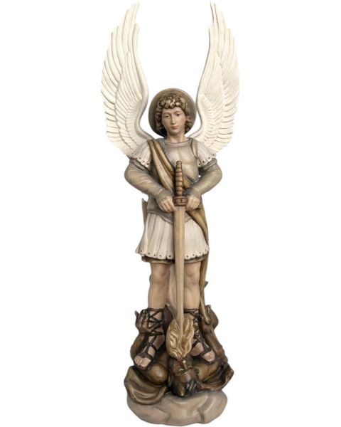 Immagine di Statua San Michele Arcangelo con diavolo 60 cm legno marrone