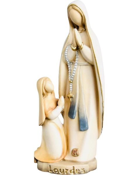 Immagine di Madonna di Lourdes stilizzata e Bernadette 12 cm legno dipinto