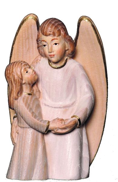 Immagine di Angelo Custode con bimba 10 cm Statua legno bianca