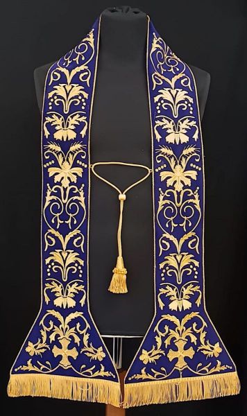 Immagine di Stola sacerdotale / diaconale a fiasca ricamo classico a filo oro