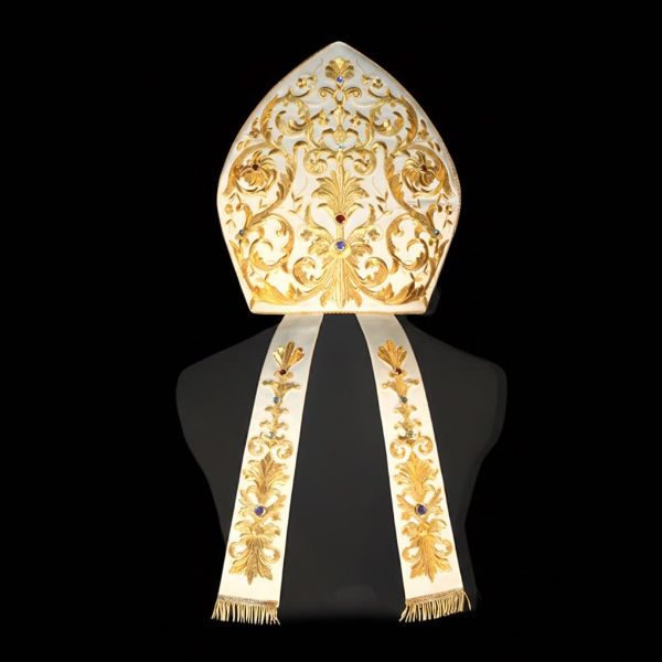 Picture of Bishop Mitre with rich Baroque embroidery on satin and strass